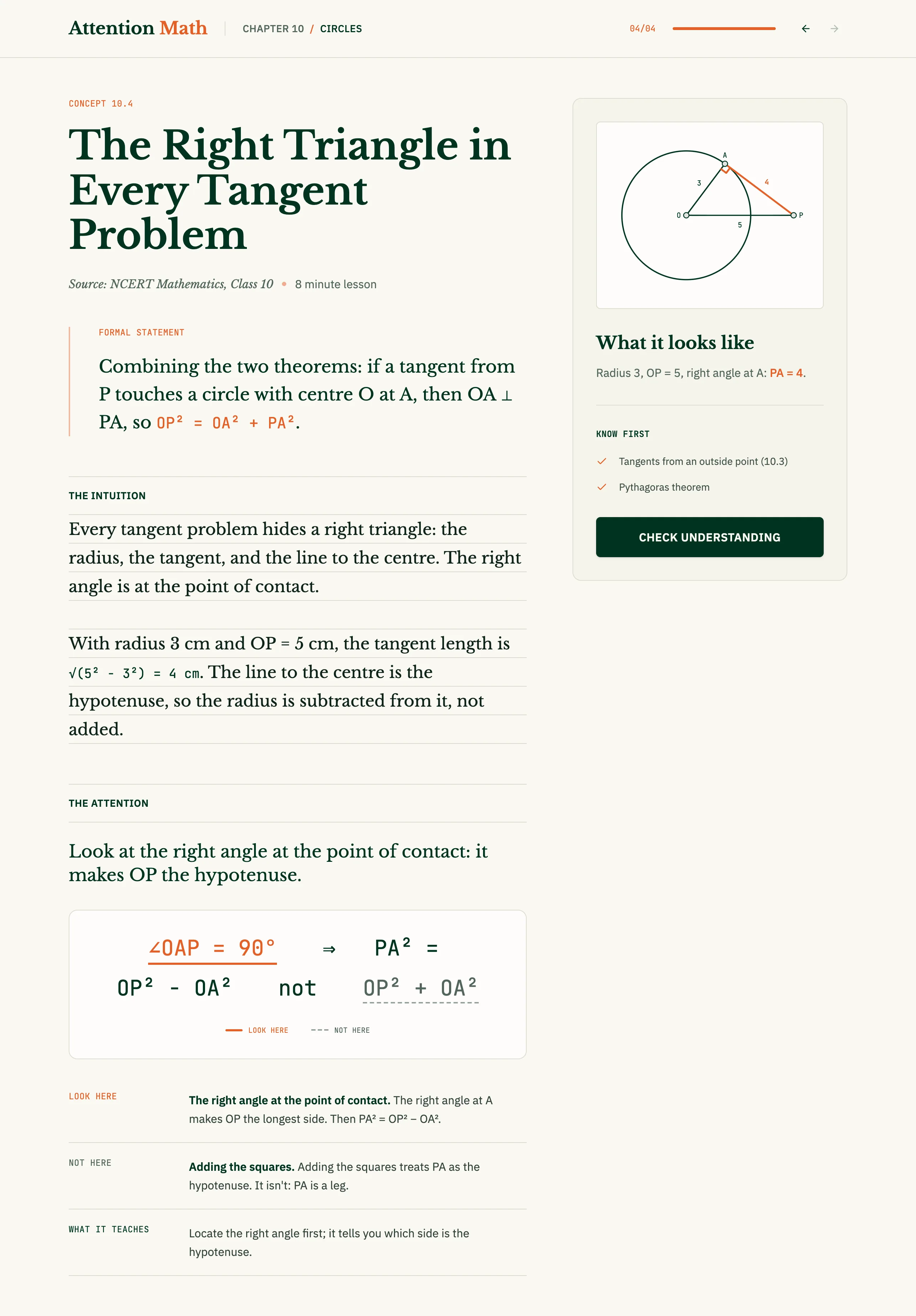 A concept page: the formal statement, the intuition and the attention section on the left, the diagram card and Check understanding button on the right.