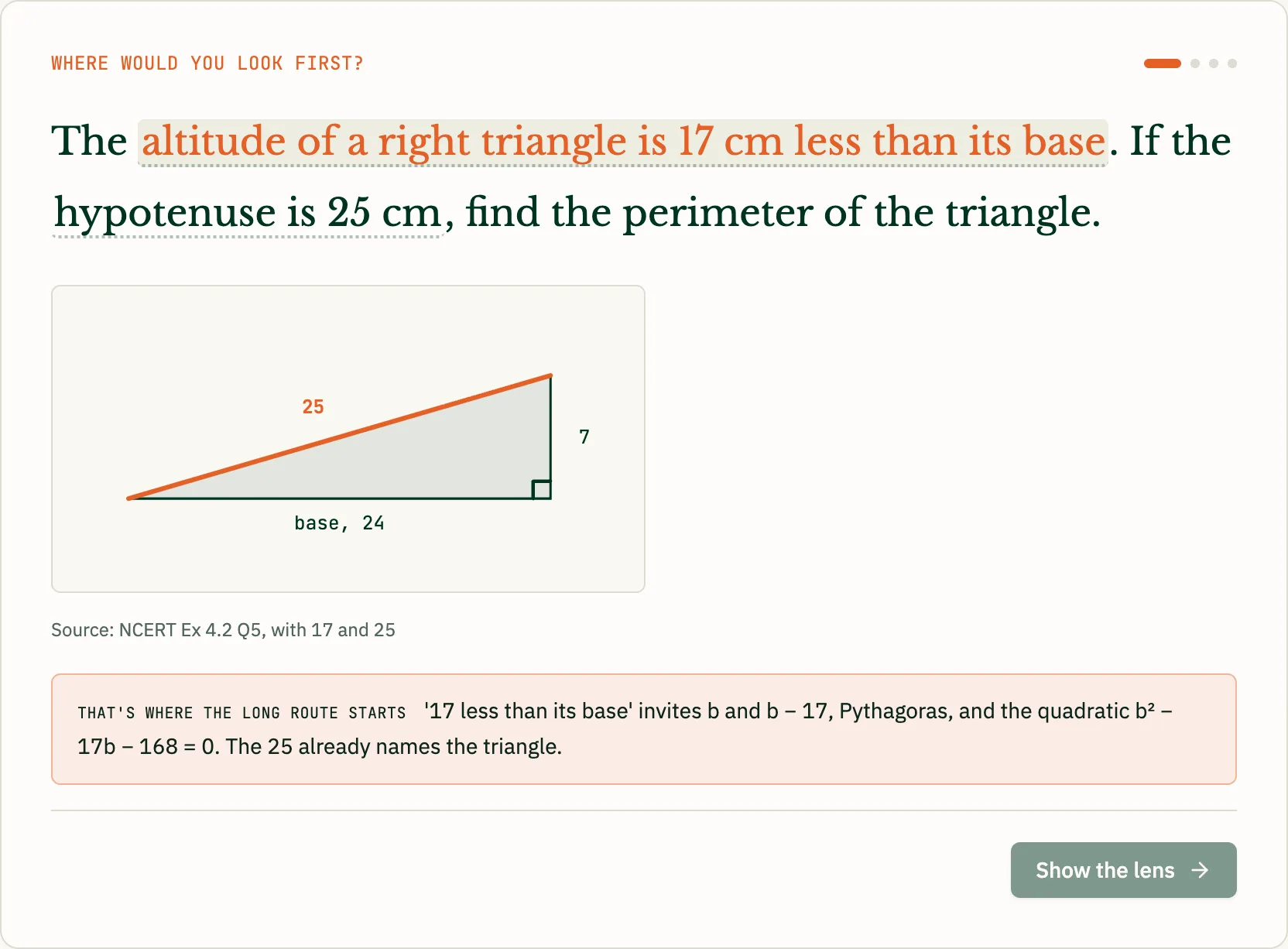 The question with one detail tapped and an orange note explaining that it is where the long route starts.