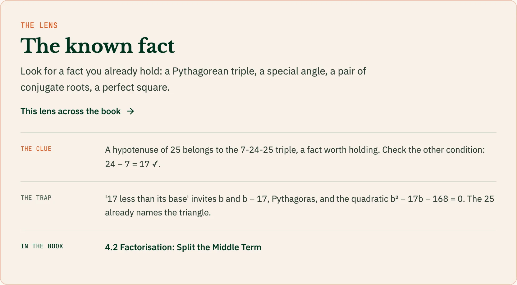An orange panel naming the lens, with the clue and the trap explained and a link into the book.